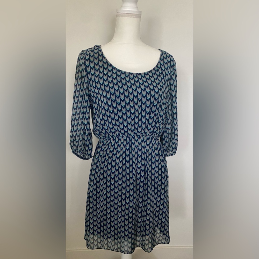 Navy dress with chevron patterned print
